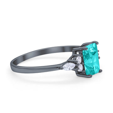 Art Deco Wedding Ring Emerald Cut Black Tone, Simulated Paraiba Tourmaline CZ 925 Sterling Silver